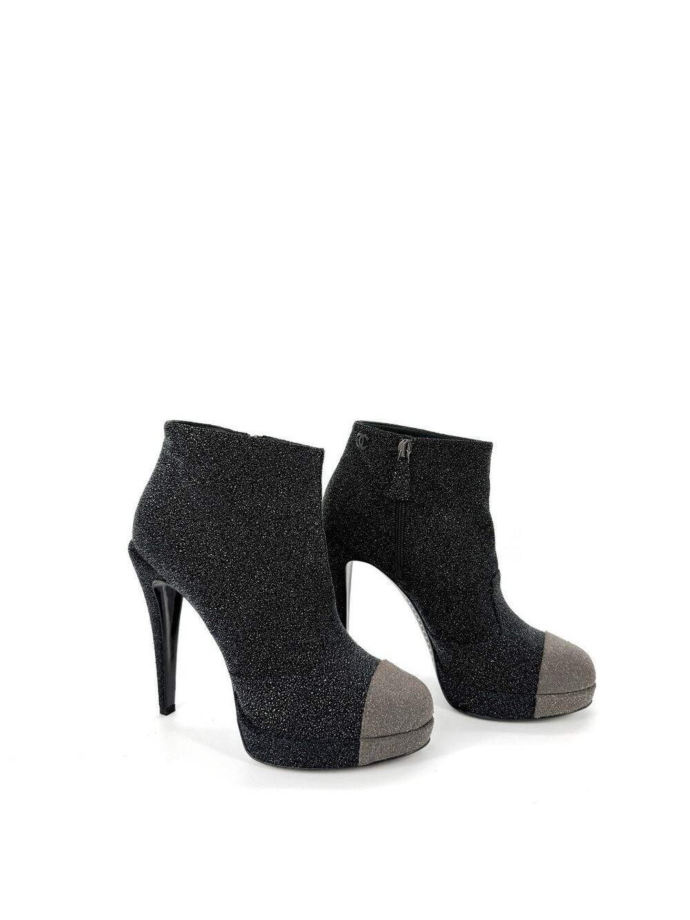 Chanel Bootie EU 40 US 10 Black Gray Leather Sparkle Platform Ankle Boots